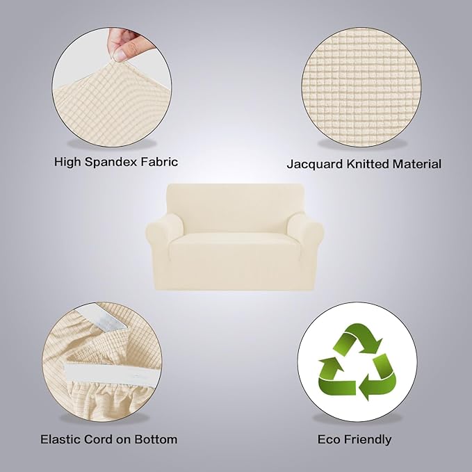 H.VERSAILTEX Stretch Couch Cover Loveseat Covers for 2 Cushion Couch Sofa Slipcover for Love Seat 1 Piece with Elastic Bottom, Checked Jacquard Fabric, Loveseat 58"-70" Wide, Cream