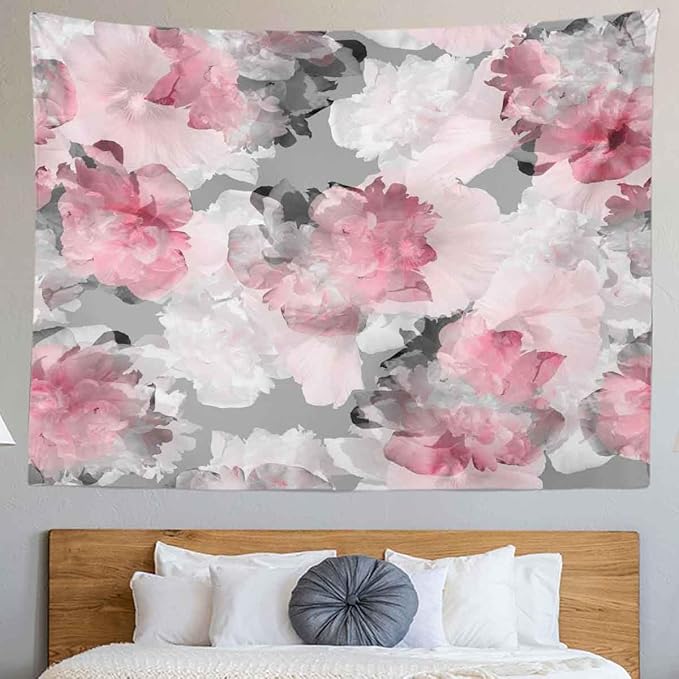 BULOR Peony Flower Pink Grey Tapestry Wall Hangings, Watercolor Floral Peonies Poster Tapestry For Kids Student Bedroom Living Room Dorm Man Cave Background 80x60inch