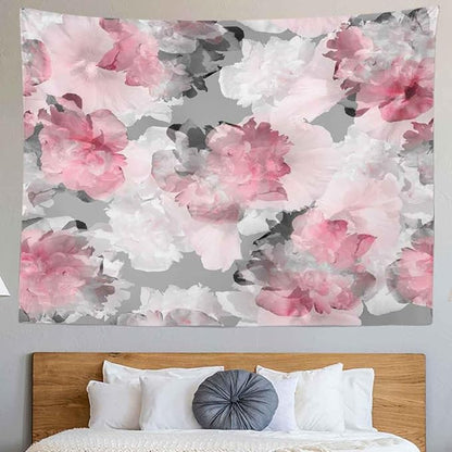 BULOR Peony Flower Pink Grey Tapestry Wall Hangings, Watercolor Floral Peonies Poster Tapestry For Kids Student Bedroom Living Room Dorm Man Cave Background 80x60inch