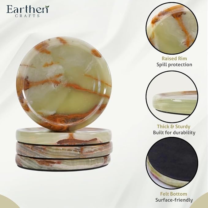 Marble Coasters Set of 4 for Drinks Green Onyx Handmade 4 Inches Stone Drink Coaster for Bar Accessories, Dining Table, Office Desk, Home Decor & Ideal