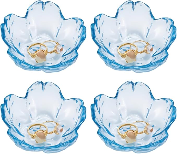 PLIGREAT 4 Pcs Blue Flower Jewelry Dish, Trinket Tray Glass Ring Dish Small Flower Jewelry Tray for Key Earrings Rings Holder Vanity Bathroom Room Decor Gifts for Women