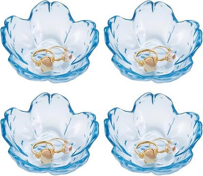 PLIGREAT 4 Pcs Blue Flower Jewelry Dish, Trinket Tray Glass Ring Dish Small Flower Jewelry Tray for Key Earrings Rings Holder Vanity Bathroom Room Decor Gifts for Women