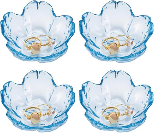 PLIGREAT 4 Pcs Blue Flower Jewelry Dish, Trinket Tray Glass Ring Dish Small Flower Jewelry Tray for Key Earrings Rings Holder Vanity Bathroom Room Decor Gifts for Women