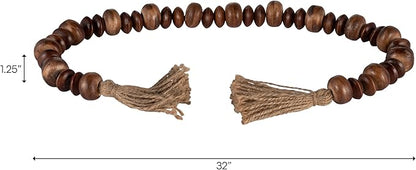 Sagebrook Home Rustic Wood Bead Garland with Jute Tassels - Decorative Farmhouse Beads for Coffee Table, Shelf, or Mantel - Natural Boho Accent for Home Décor - 1.25" Natural/Brown
