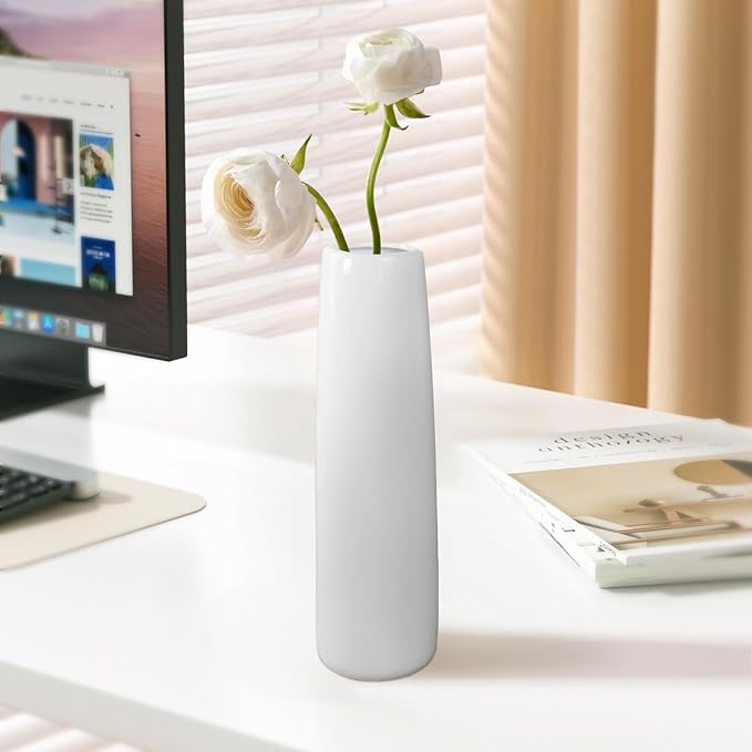 12Inch Tall Ceramic White Flower Vase,Home Decor White Vases for Pampas Grass,Modern Textured Vases for Living Room Decorations,Shelf,Table Centerpieces,Farmhouse Small Ceramic Vase