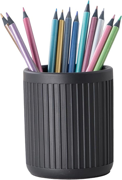 Aotea Crafts Concrete Modern Industrial Pen Holder for Desk - Aesthetic Charcoal Black Pencil Holder for Desk- Handcrafted Cement Fluted Pen Cup Organizer - Minimalist & Durable