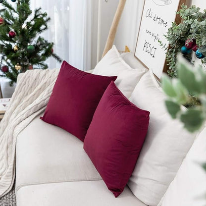 Set of 2 Comfortable Velvet Throw Pillow Cases, Decorative Solid Cushion Covers for Sofa Couch and Bed - 20"x20", Burgundy