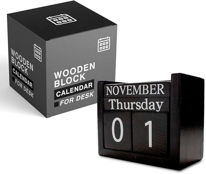 wood block perpetual calendar, ideal for desk 2025, office accesory, black and white, wooden solid, day week month, father gift, school, new year