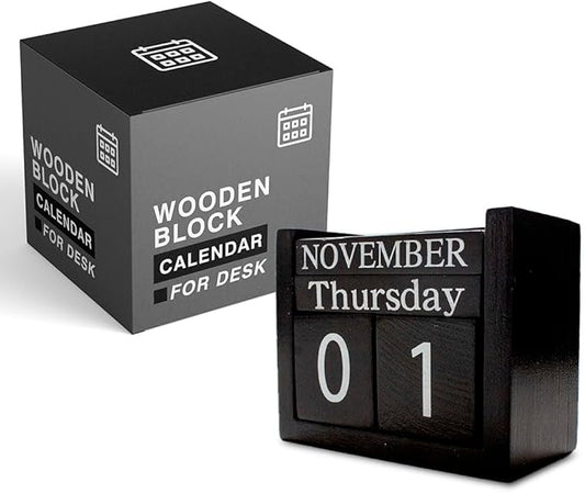 wood block perpetual calendar, ideal for desk 2025, office accesory, black and white, wooden solid, day week month, father gift, school, new year