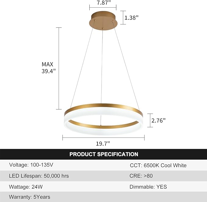Buccleuch Modern LED Chandelier - Dimmable 19.7" Gold Round Pendant Light, Height Adjustable UL-Certified Ceiling Light for Dining Room, Kitchen Island, Living Room, Bedroom, Foyer