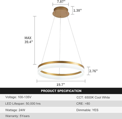 Buccleuch Modern LED Chandelier - Dimmable 19.7" Gold Round Pendant Light, Height Adjustable UL-Certified Ceiling Light for Dining Room, Kitchen Island, Living Room, Bedroom, Foyer