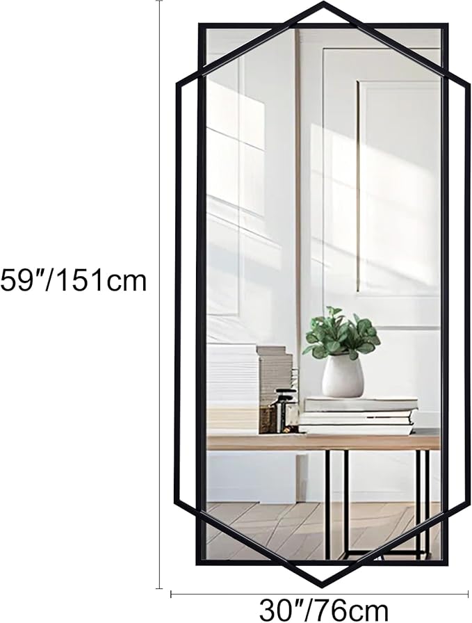 Black Wall Mirror for Decor, 30"x59" Decorative Living Room Mirror, Small Bathroom Mirror with Metal Frame, Modern Hexagon Mirror for Dining Room, Entrance