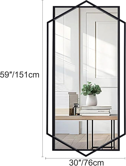 Black Wall Mirror for Decor, 30"x59" Decorative Living Room Mirror, Small Bathroom Mirror with Metal Frame, Modern Hexagon Mirror for Dining Room, Entrance