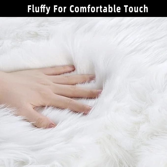 White Faux Fur Sheepskin Area Rug for Living Room Bedroom, 6 x 6 Feet Ultra Soft Shaggy Fuzzy Furry Carpet Chair Throw Large Rugs for Kids, Girls, Nursery Room Decor Dorms