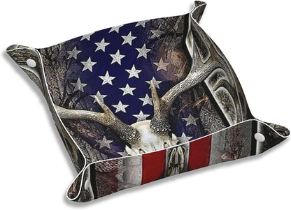 Valet Tray Gifts for Men Husband Boyfriend Boys – Catchall Bedside Vanity Tray, Nightstand Caddy Leather Holder for Keys, Wallet, Coins, Trinkets & Jewelry Deer Skull Camo American Flag 022