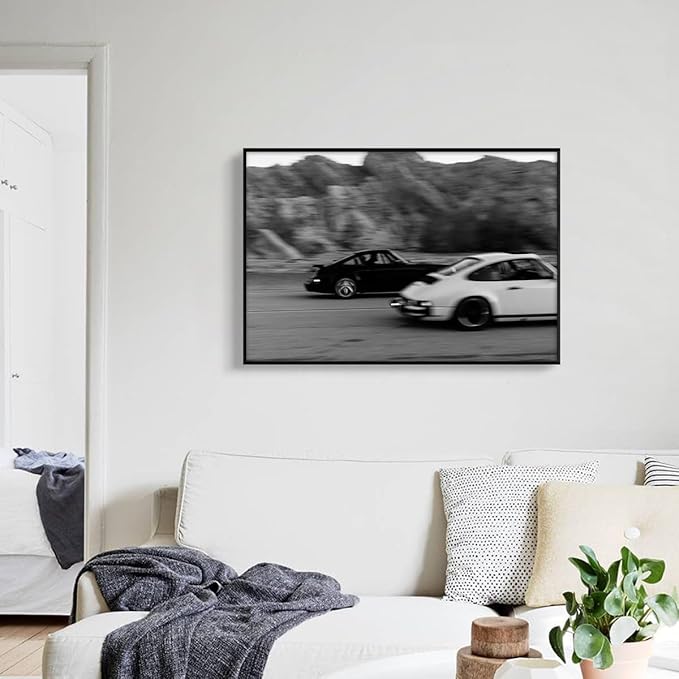 Black and White Photography Canvas Wall Art, Race Cars Aesthetic Poster, Trendy Classic Car Racing Photo Print Gift for Timeless Speed Enthusiasts, Man Cave Bedroom Wall Decor 8x12in Framed