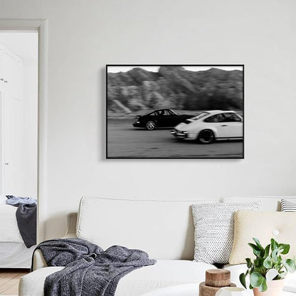 Black and White Photography Canvas Wall Art, Race Cars Aesthetic Poster, Trendy Classic Car Racing Photo Print Gift for Timeless Speed Enthusiasts, Man Cave Bedroom Wall Decor 24x36in Framed