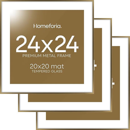 Homeforia 24x24 Picture Frame Bronze, High End Metal 24 x 24 Large Square Poster Frames with Mat 20 by 20 inch Photo, 24by24 Thin Brass Frames Matted to 20x20 Print, Tempered Glass, Wall Kit, Set of 3
