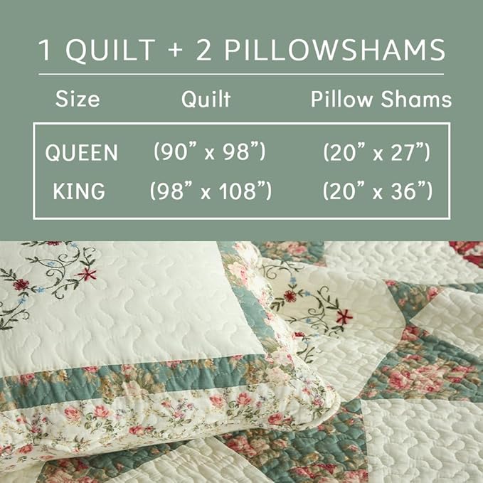 Cotton Bedspread Quilt Bedding Sets, 3 Pieces Reversible Coverlets Comforters Star with Green Floral Real Patchwork Bedspread, King Size