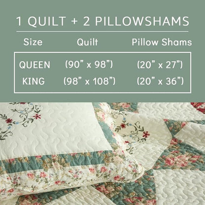 Cotton Bedspread Quilt Bedding Sets, 3 Pieces Reversible Coverlets Comforters Star with Green Floral Real Patchwork Bedspread, King Size