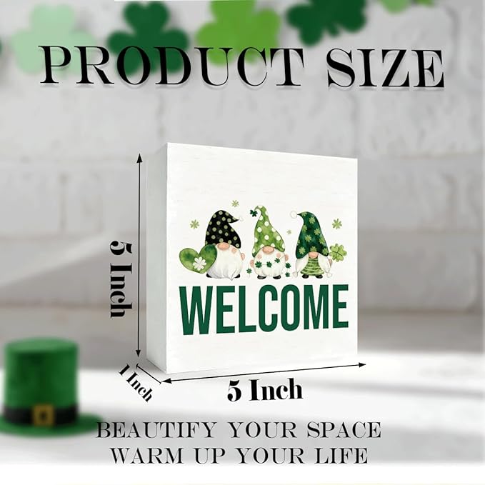 St. Patrick's Day Welcome Decor Wooden Box Sign, Irish Gnome Tabletop Welcome Sign for Home Entryway Shelf Desk, Cute Farmhouse Holiday Wooden Decoration for Irish Theme Home 5 x 5 Inches