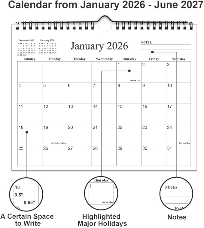 Small Wall Calendar 2026 - Mini Calendar 2026-2027 from January 2026 - June 2027, 18 Months Little Calendar with Premium Paper, 6" x 8", Black