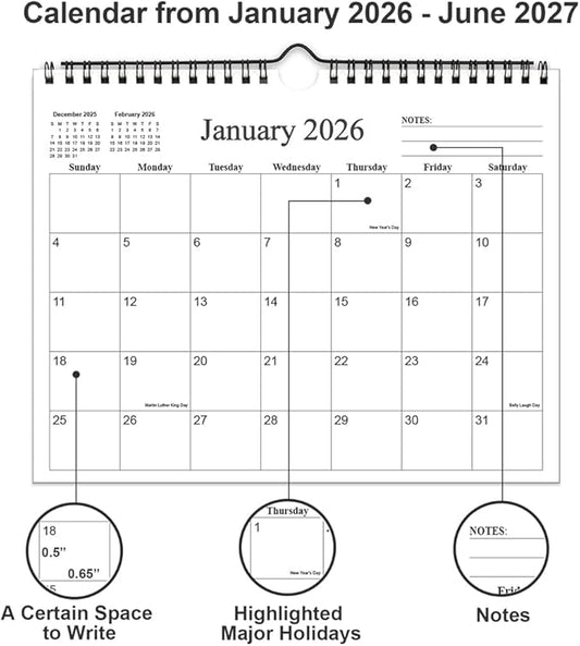 Small Wall Calendar 2026 - Mini Calendar 2026-2027 from January 2026 - June 2027, 18 Months Little Calendar with Premium Paper, 6" x 8", Black