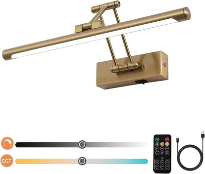 Battery Picture Lights for Wall, Rechargeable Gallery Light Wireless Art Display Lights with Dual-Rods Swing Arm Brass Painting Light with Remote & Timer 3CCT Dimmable Wall Sconces for Portrait 16”