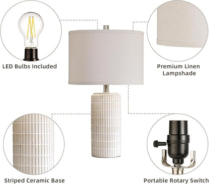 23'' Set of 2 Modern Ceramic Table Lamps for Living Room Bedroom, Nightstand Farmhouse Beige White Desk Lamp for Bedside End Table Entryway, 2 LED Bulbs Included