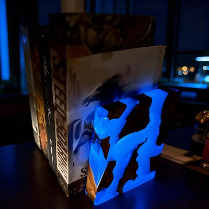 Glow in The Dark Bookends, Wood Bookends for Shelves,Blue Luminous Book Ends with Burl Wood and Resin,Decorative Book Stopper Binder and Dividers, Blue, Large,Unique Desk Decor for Home Office Library