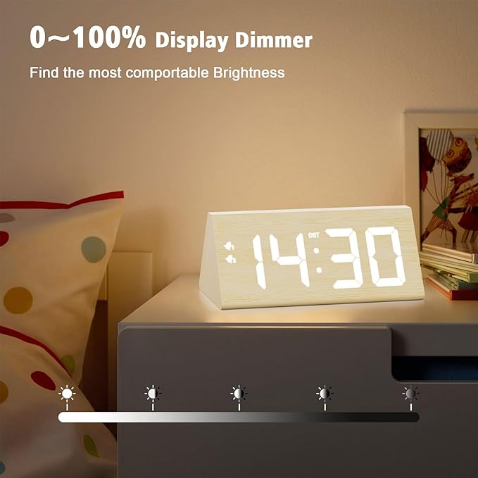 Wooden Digital Alarm Clock with Dual USB Charging Ports, DST, Dimmable, Snooze, Modern Large Time Display LED Clock for Kids Bedrooms, Living Room, Desk, Table, Bedside, Nightstand (Bamboo)