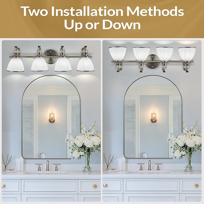 ANDY STAR Bathroom Light Fixtures Over Mirror, 4-Light Brushed Nickel Vanity Lights for Bathroom, 27.8 Inch Vintage Wall Sconce with Milk White Bell Glass Shades, Rustproof Silver Finish, E26 Base