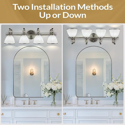 ANDY STAR Bathroom Light Fixtures Over Mirror, 4-Light Brushed Nickel Vanity Lights for Bathroom, 27.8 Inch Vintage Wall Sconce with Milk White Bell Glass Shades, Rustproof Silver Finish, E26 Base