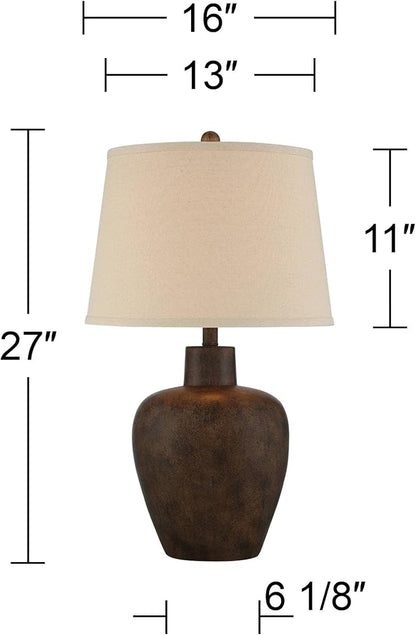 Regency Hill Glenn Farmhouse Rustic Southwestern Natural Cottage Table Lamps 27" Tall Set of 2 Dark Terra Cotta Tapered Fabric Drum Shade Decor for Living Room Bedroom House Bedside Nightstand