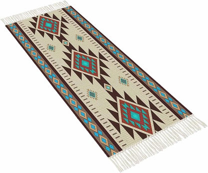Boho Southwestern Hallway Runner Rug 2X6 Ft Kitchen Carpet, Washable Woven Aztec Abstract Geometric Throw Carpet with Tassel, Non-Shedding Vintage Native American Patterned Bedroom Laundry Rugs