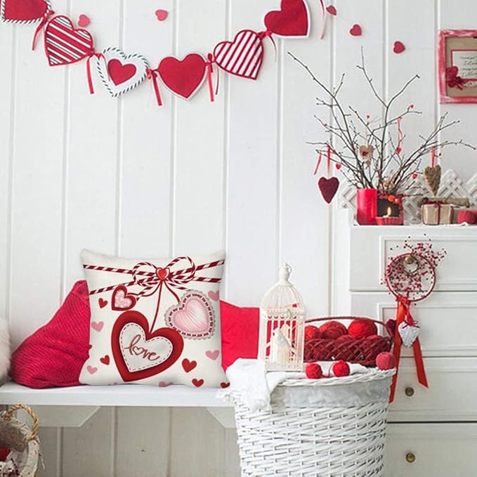 GEEORY Valentine's Day Love You More Hugs and Kisses Throw Pillow Covers 18x18 Inch Set of 4, Red Hearts Stripes Decorative Farmhouse Wedding Cushion Case for Home Decoration G650-18