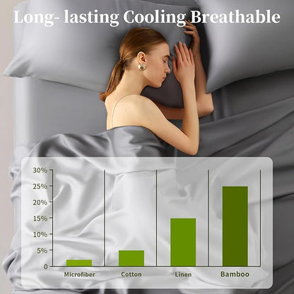 Shilucheng 100% Viscose Derived from Bamboo_ Sheets Full Size 4pcs - Ultra Cooling & Silky Soft Bed Sheets, 16" Deep Pocket, Perfect for Hot Sleepers, Hotel Bedding Sheets (Grey)