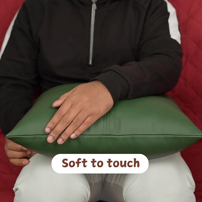 Lambskin Leather Pillow Cover, Hand Panel Stitched Leather Decorative Throw Pillow Covers for Couch Sofa Bed Living Room Garden (14x14 Inches, Dark Green Pack of 1)