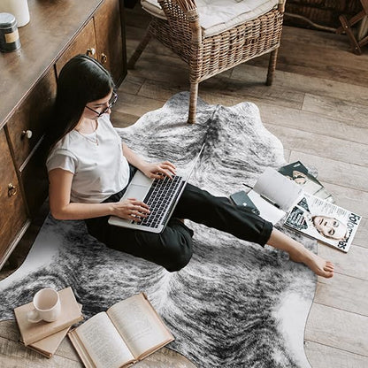 AROGAN 8×10 Feet Western Decor Faux Fur Cowhide Rug, Premium Animal Skin Cow Hide Rug, Sturdy Cow Print Rugs for Wall Decor, Western Floor Carpet for Bedroom Living Room, Black and Grey