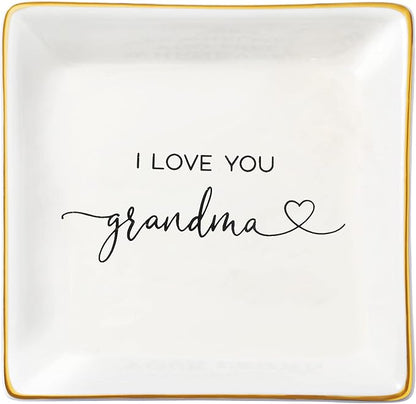 JoycuFF Grandma Gifts, Birthday Mothers Day Gifts for Grandma, Ceramic Trinket Dish Tray Jewelry Ring Earring Organizers Thanksgiving Day Christmas Grandmother Present