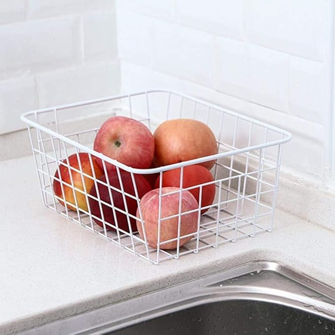 Redrubbit Wire Storage Baskets, Large Farmhouse Metal Freezer Basket Storage Organizer Bins with Handles for Kitchen Cabinets, Pantry, Closets, Bedrooms, Bathrooms, Set of 4, White