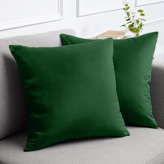 lalaLOOM Velvet Throw Pillow Covers, Set of 2, 18x18 Decorative Square Pillows Home Decor, Soft Accent Cases, Silky Machine Washable Pillowcases for Sofa, Couch, Bedroom, Living Room, Hunter Green