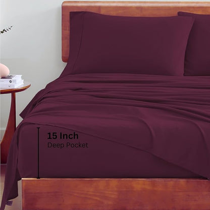 LANE LINEN 100% Organic Cotton Sheets King Size, Machine Washable Fully Elasticized Low Pill Fade Resistant Cotton Sheets, Soft & Comfy Percale Eco Friendly sábanas King - Windsor Wine