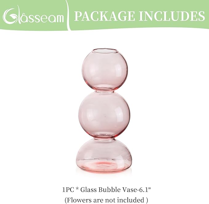 Glasseam Cute Pink Flower Vase, Unique Handmade Glass Vase for Flowers, Aesthetic Small Bud Vase Decor, Modern Ball Round Decorative Propagation Vases for Living Room Dining Table Decorations