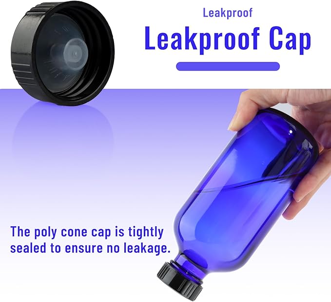 12 Pack 8 oz Cobalt Blue Glass Bottles, 240ml Boston Round Sample Bottles with Black Poly Cone Caps, Labels and Funnels
