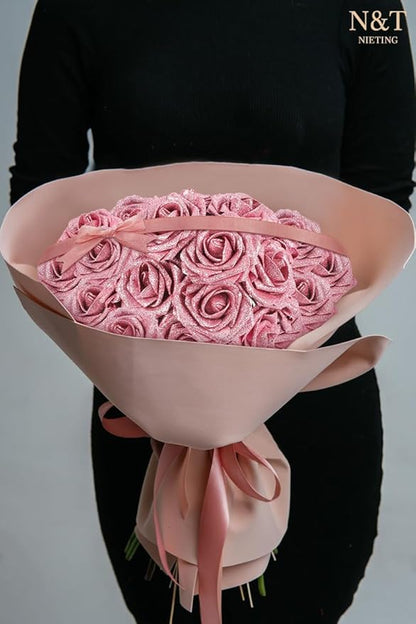 N&T NIETING Artificial Flowers Glowing Dark Pink Flowers Foam 25pcs Glitter Roses Real Looking Fake Roses with Stem for Valentine's Day DIY Wedding Bouquets Centerpieces Party Home Decorations