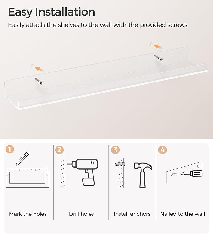 HBlife 24 Inches Floating Shelves Wall Mounted Clear Acrylic Shelves for Figures, 16 Inch Stud Spacing Invisible Floating Bookshelf for Kids and Nursery, 2 Pack (5MM Thick)