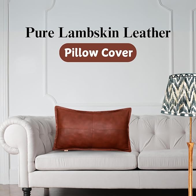 100% Lambskin Leather Pillow Cover - Sofa Cushion Case - Decorative Throw Covers for Living Room & Bedroom, 12X20 Inch - Mango Tan Antique Box Pack of 1