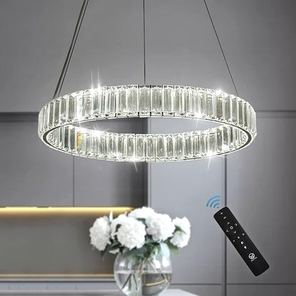 Modern Crystal Chandelier LED Dimmable Pendant Light with Remote 24" Round Ring Crystal Chandeliers for Living Room Dining Room Bedroom