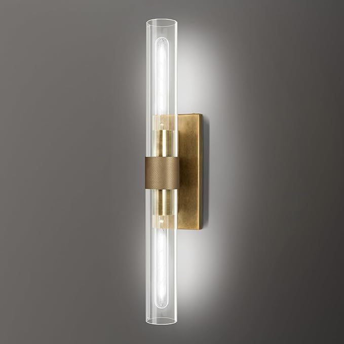 22.8" Knurled Brass Wall Sconces, 2-Light Dimmable Modern Lamp Lighting, Bronze Wall Lighting with Glass, Gold Vanity Light Fixtures Tube Sconce for Bedroom, Living Room, Hallway, Mirror, Kitchen